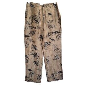 Vintage Chico's Silk Linen Blend Leaf Print Pants Brown Tan Wide Leg Boho Sz 1 M